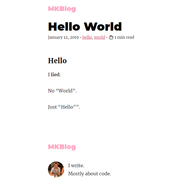 Moshe Katz website with only one post titled "Hello World"